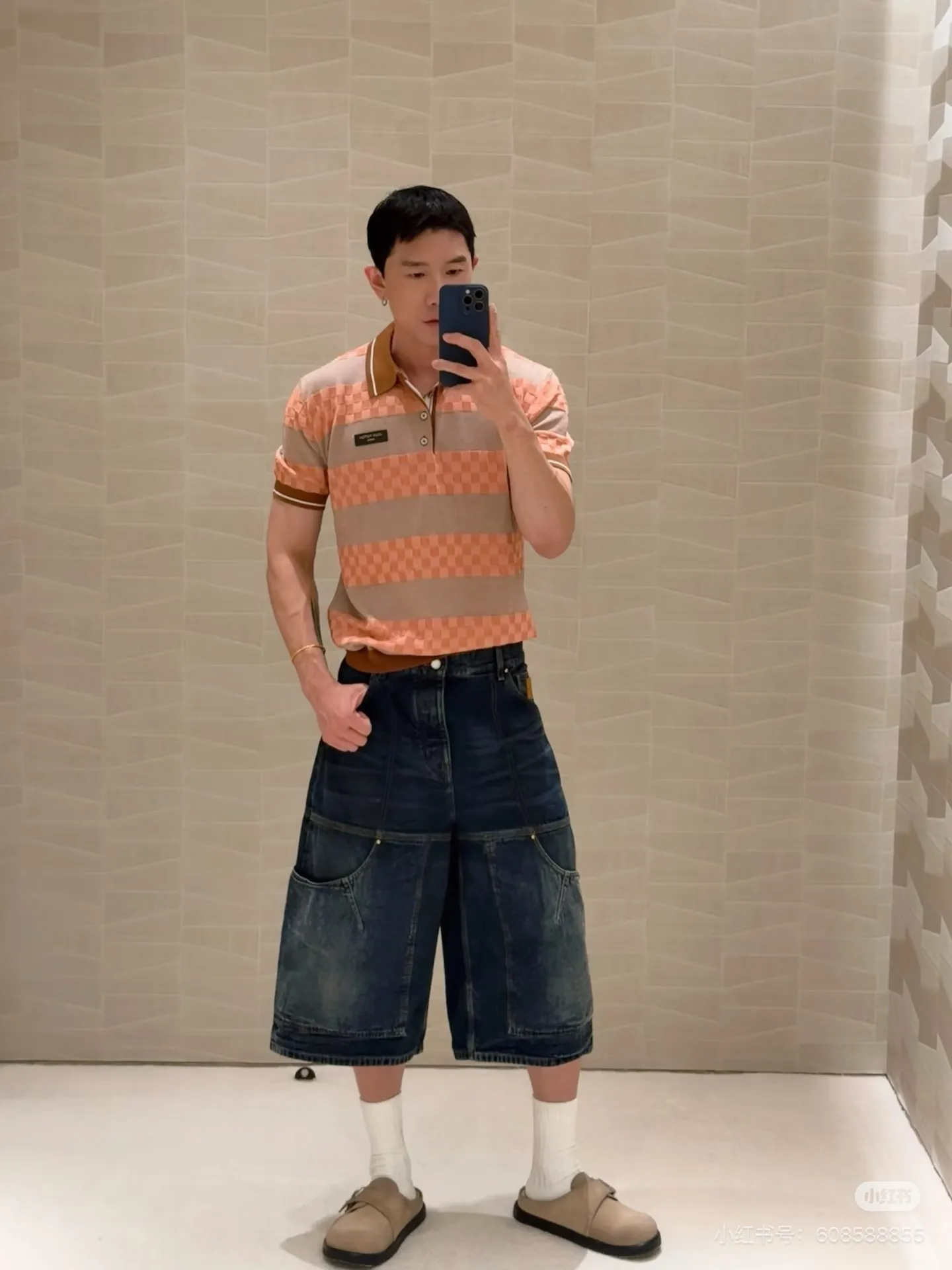 Louis Vuitton/Louis Vuitton 26ss leather striped checkerboard knitted Polo short sleeves